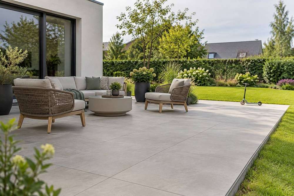 Terrasse familiale ouverte en carrelage clair