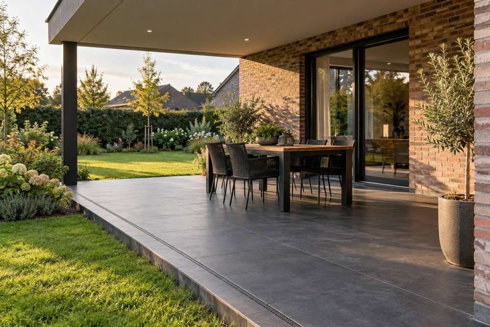 Terrasse familiale extérieure carrelée