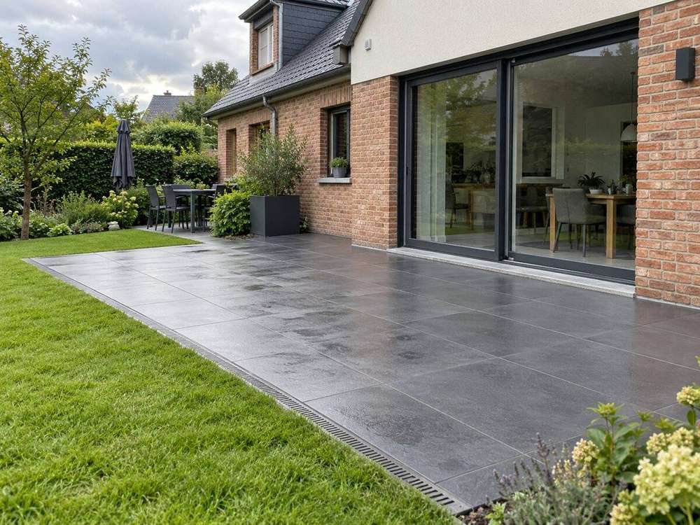 Terrasse extérieure en carrelage grand format