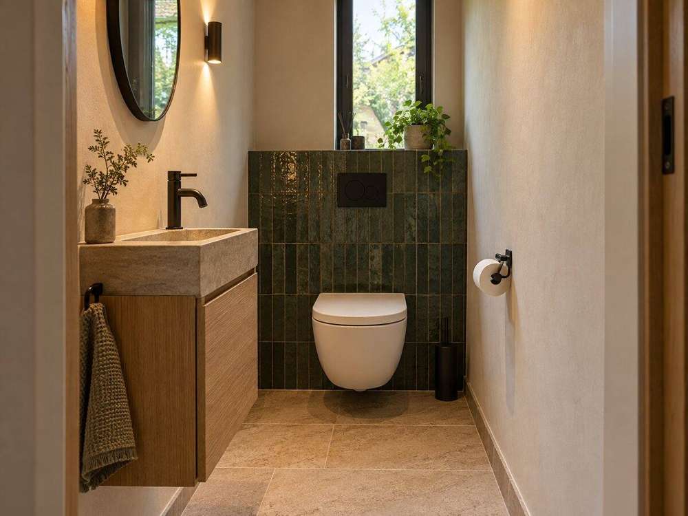 Toilettes compactes avec carrelage vert et pierre claire